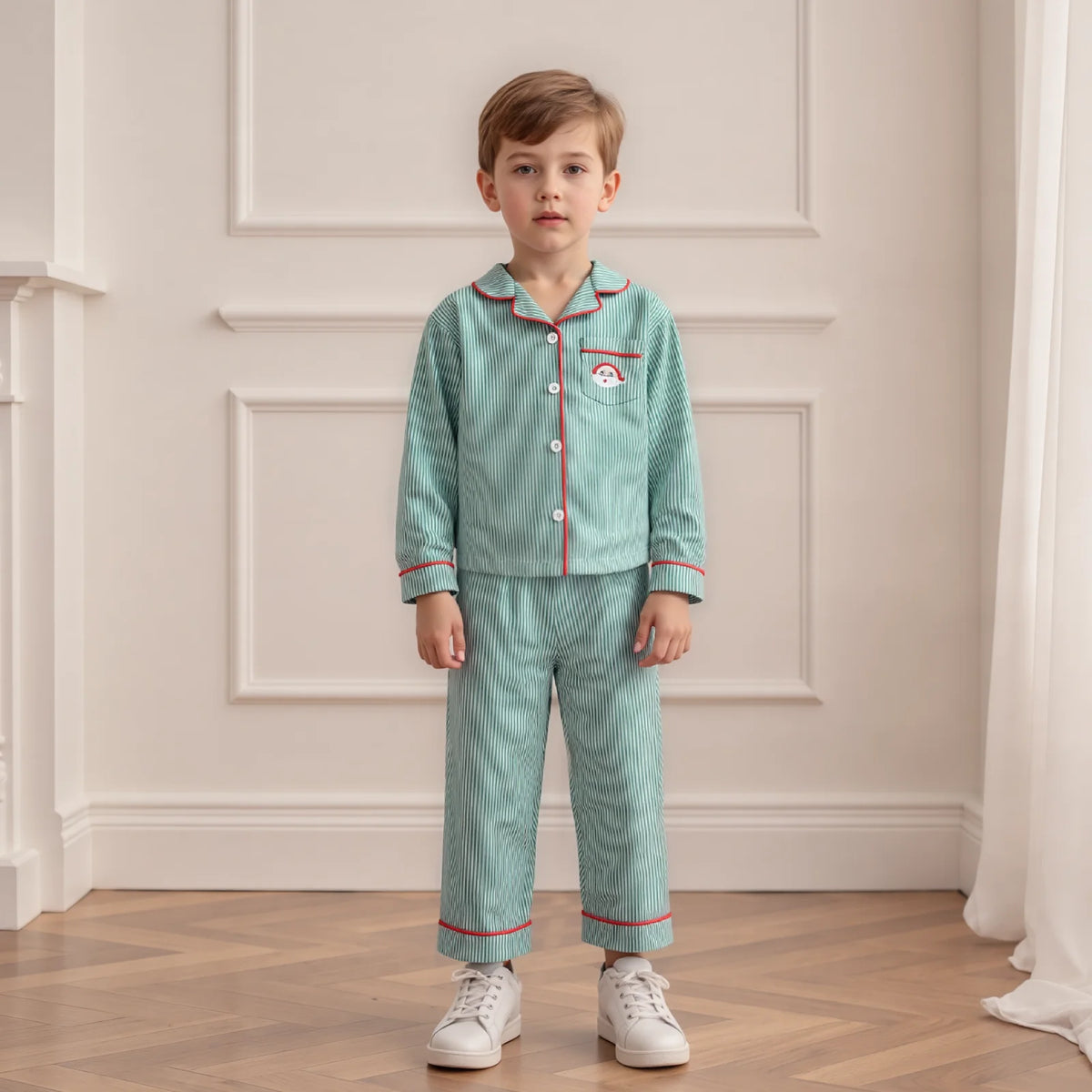 Julpyjamas barn pojkar långärmad 2 delar set med knappad skjorta