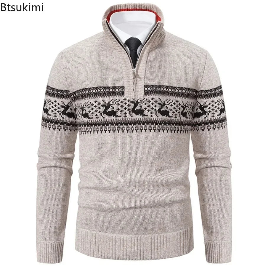 Herrtröja stickad jacquard med halv dragkedja och mockkrage