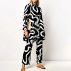Blus dam vintage tvådelat set med mönstrad blus och byxor