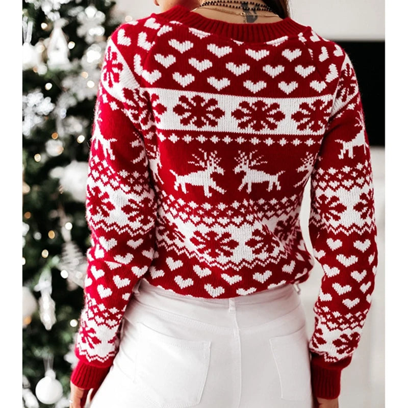 Jultröja dam med snöflingemönster i stickad jacquard med långa ärmar