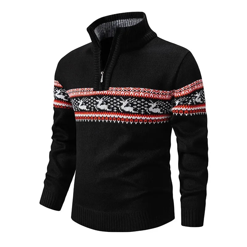 Herrtröja stickad jacquard med halv dragkedja och mockkrage