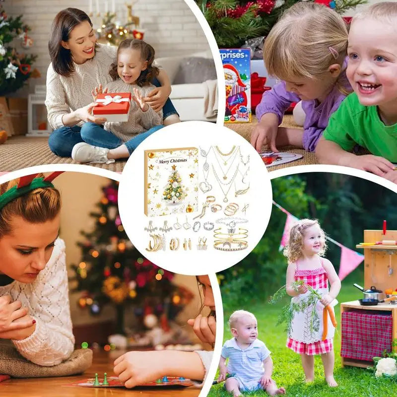 Julkalender smycken dam i guldfärg med örhängen och halsband