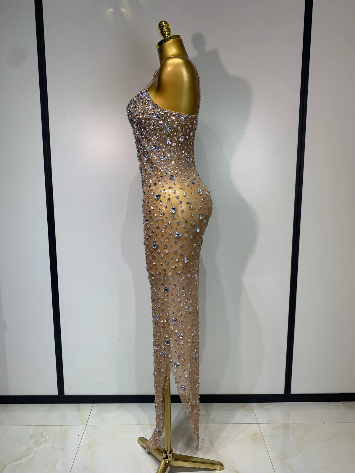 Strasklänning dam bodycon med genomskinlig mesh och figurnära passform