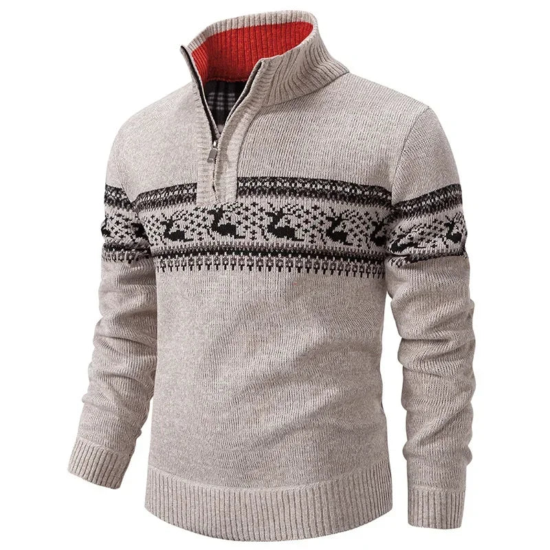 Herrtröja stickad jacquard med halv dragkedja och mockkrage