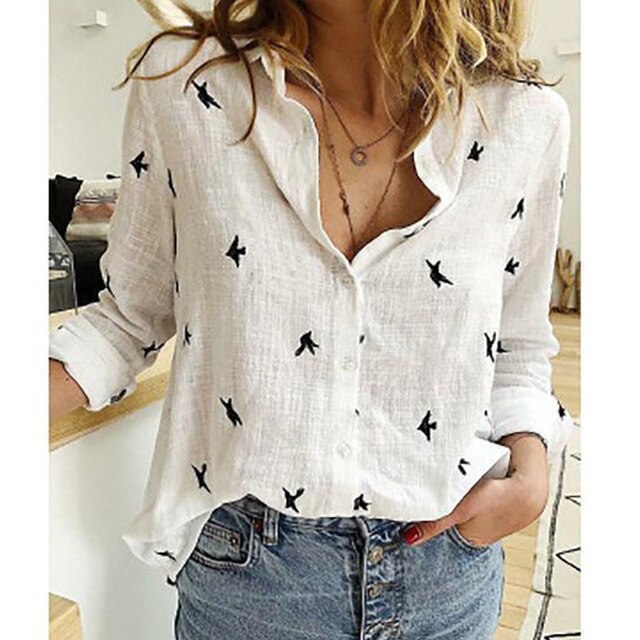 Blus dam casual luftig sommarmodell med fågelmotiv och stora storlekar