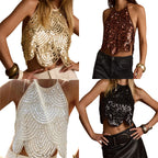 Paljettblus dam ärmlös halterneck crop top glittrig