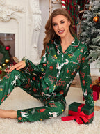 Julpyjamas dam i satin med renmönster och reverskrage