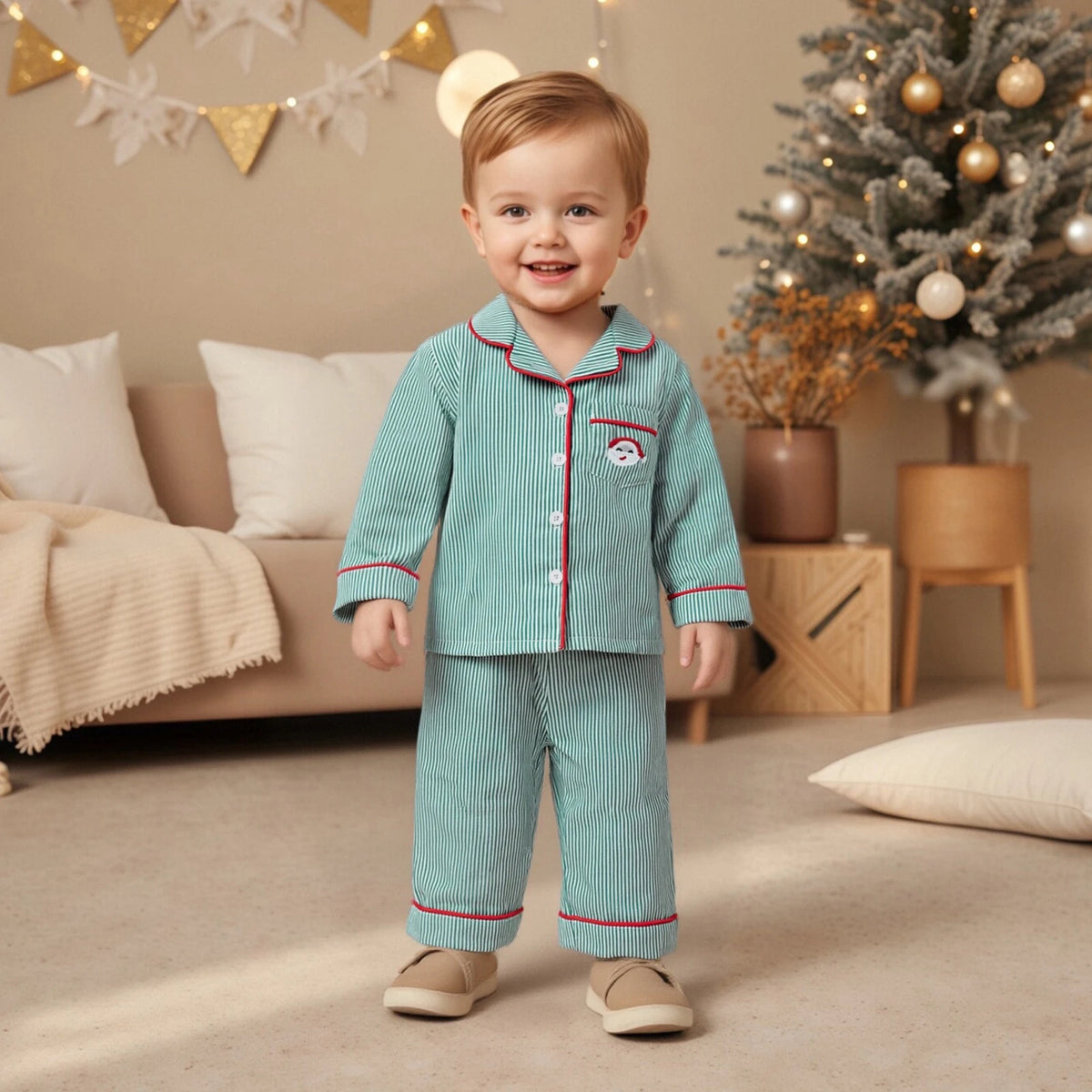 Julpyjamas barn pojkar långärmad 2 delar set med knappad skjorta