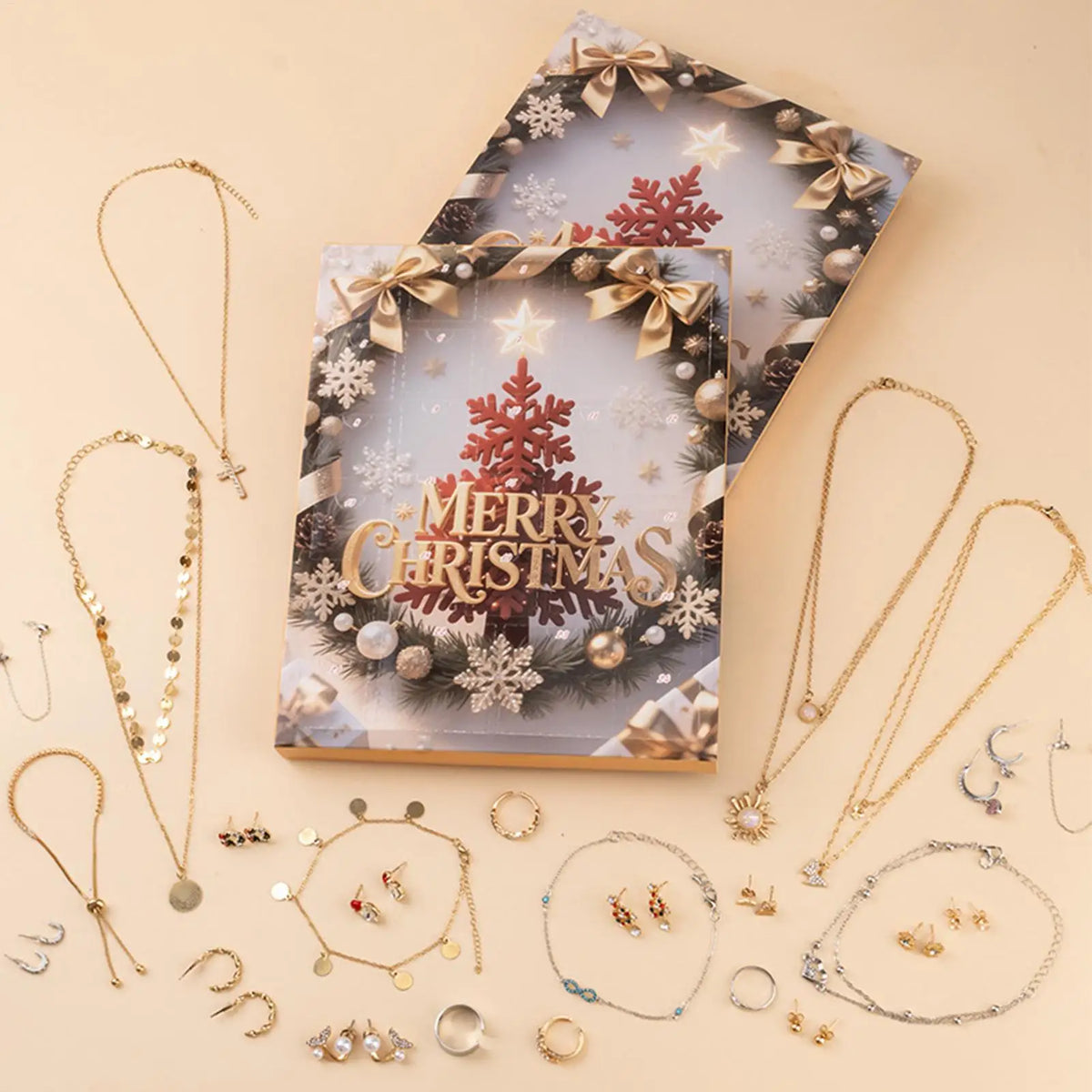 Julkalender smycken med örhängen, halsband och armband, blommig design