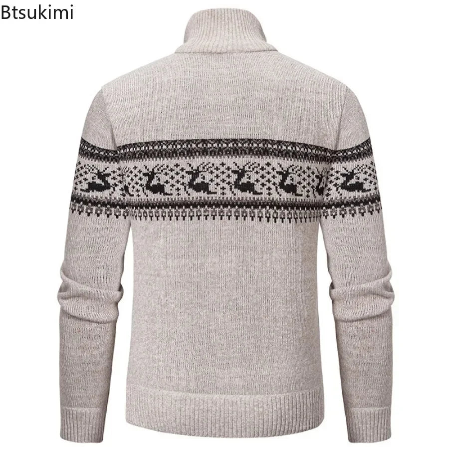 Herrtröja stickad jacquard med halv dragkedja och mockkrage