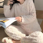 Pyjamasset dam varm fleece med ribbad fluwelstextur