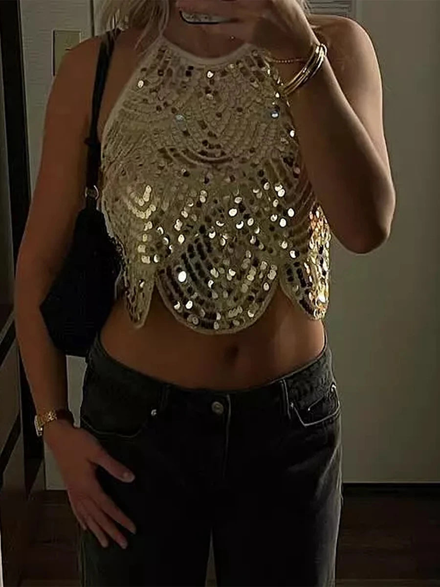 Paljettblus dam ärmlös halterneck crop top glittrig