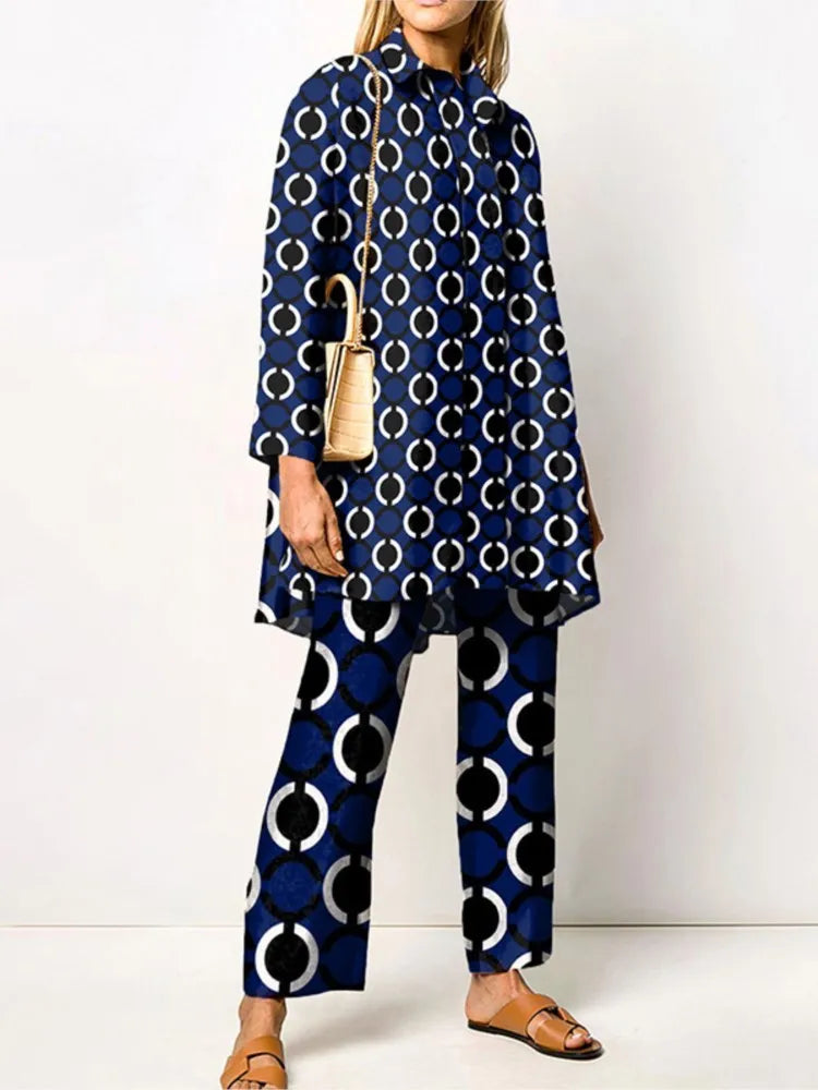 Blus dam vintage tvådelat set med mönstrad blus och byxor