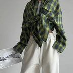 Skjorta dam rutig oversized långärmad retro, koreansk stil