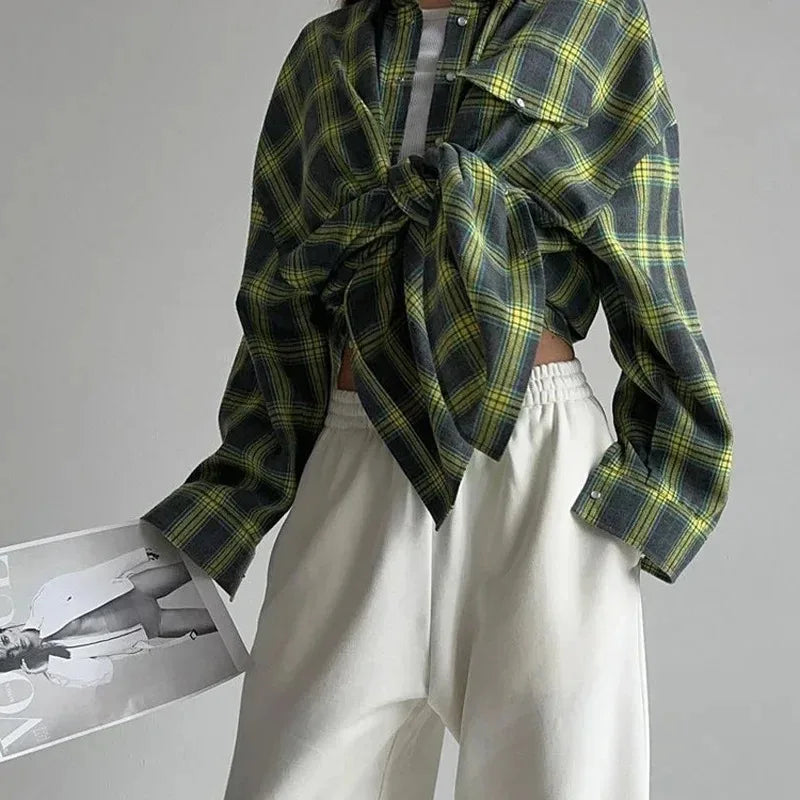 Skjorta dam rutig oversized långärmad retro, koreansk stil