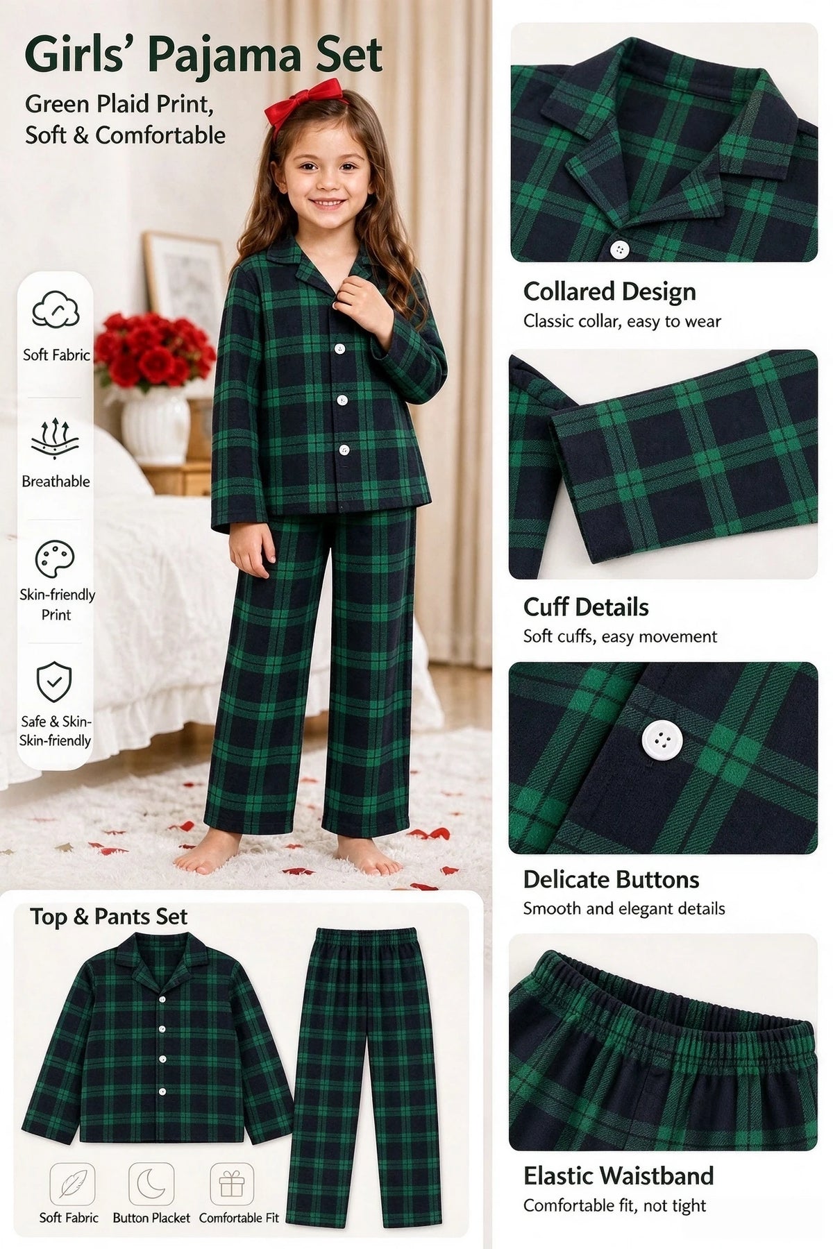 Julpyjamas dam med rutigt mönster och knappskjorta