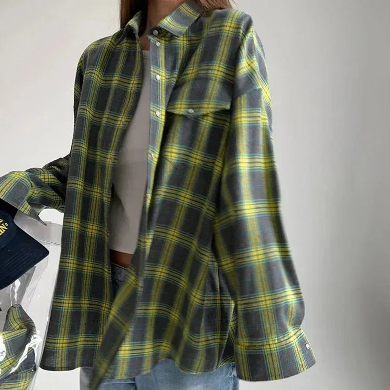 Skjorta dam rutig oversized långärmad retro, koreansk stil
