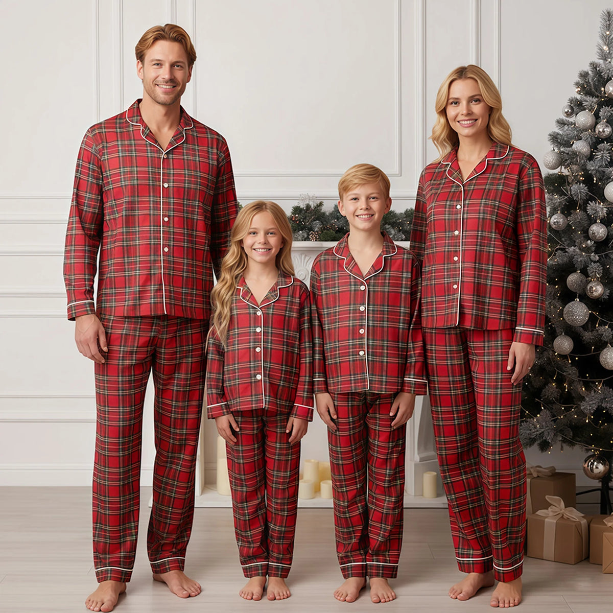 Julpyjamas dam rödrutig familjematchande set med knappskjorta och byxor
