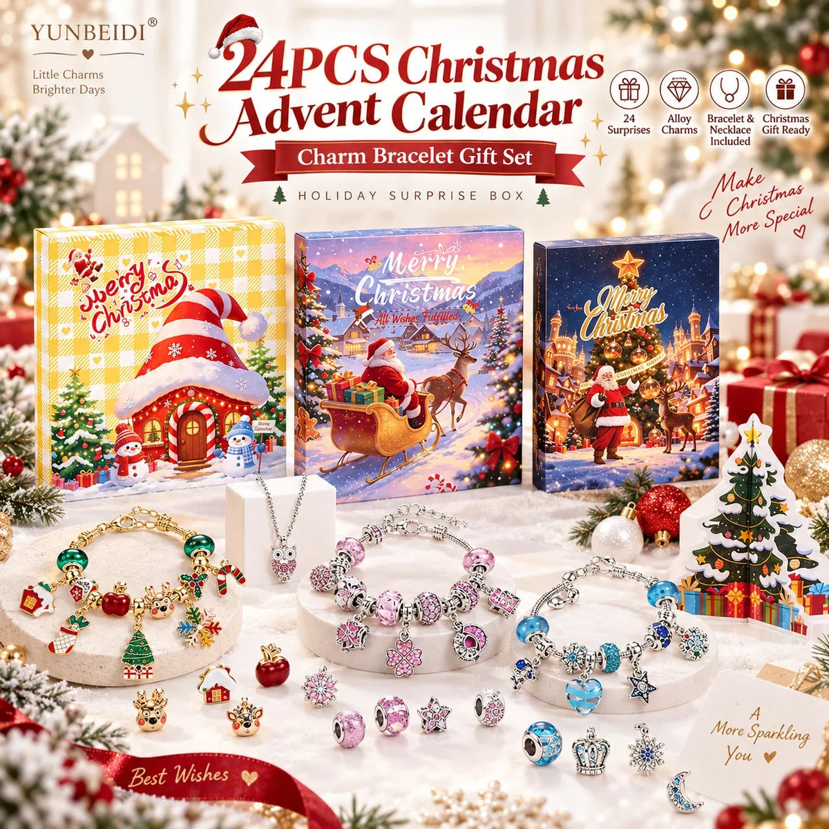 Julkalender berlockarmband i metall med 24 dagar set