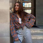 Skjorta dam rutig oversized långärmad retro, koreansk stil