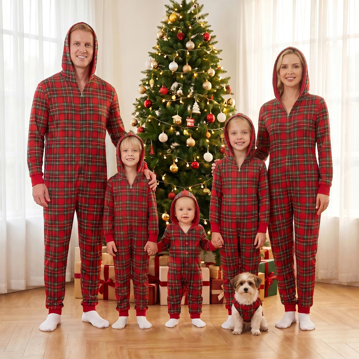 Julpyjamas dam rödrutig familjematchande set med knappskjorta och byxor