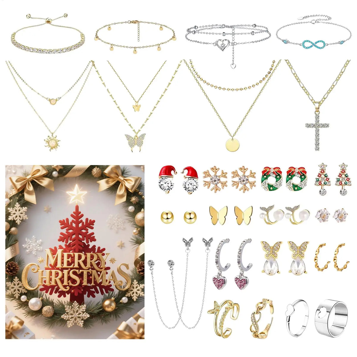 Julkalender smycken med örhängen, halsband och armband, blommig design