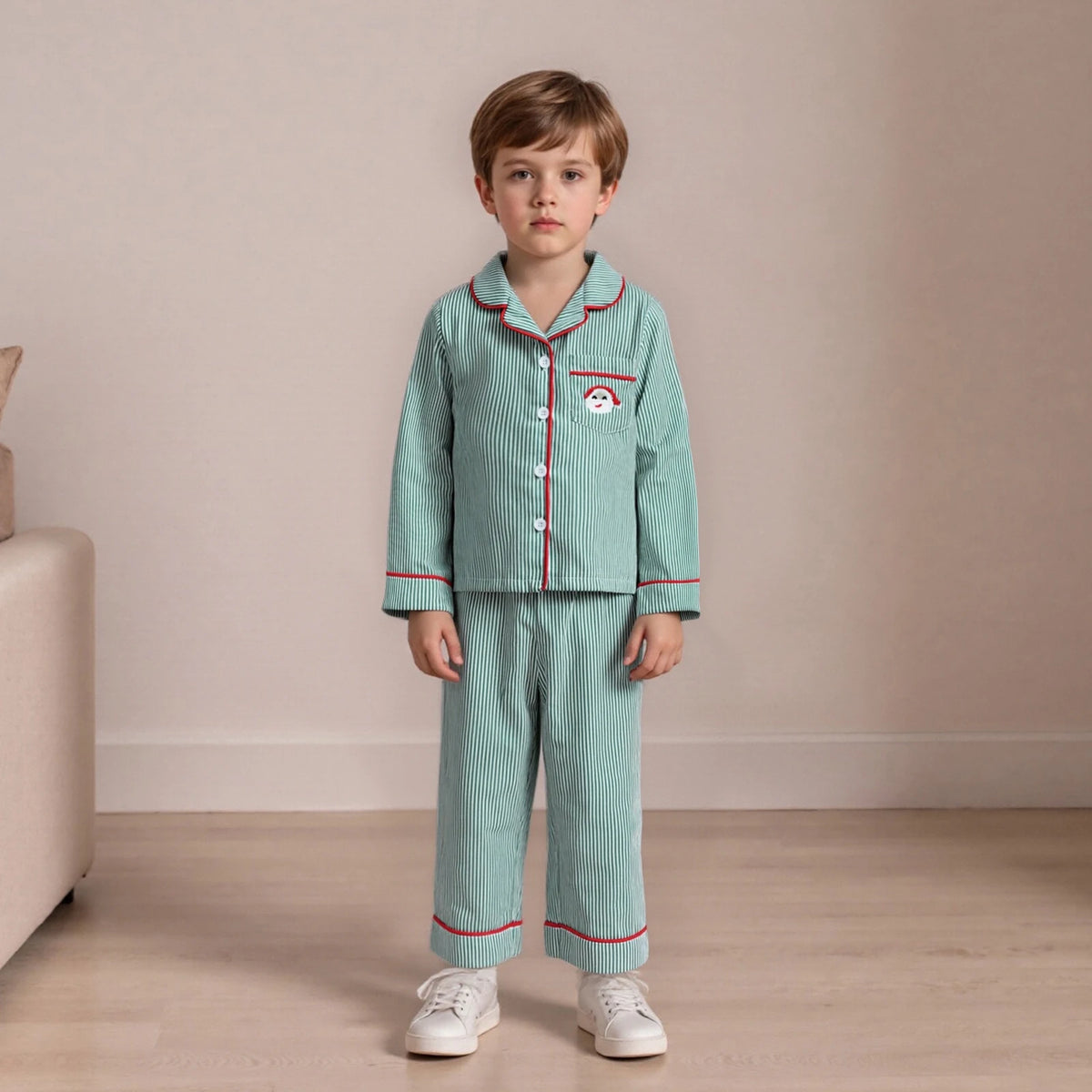 Julpyjamas barn pojkar långärmad 2 delar set med knappad skjorta