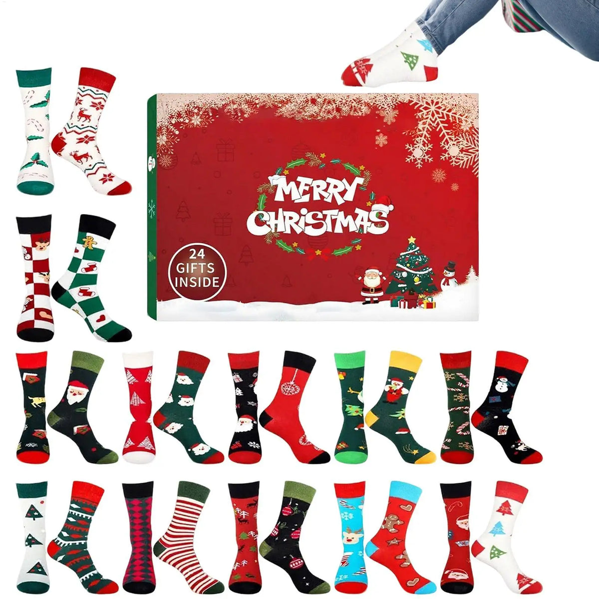 Julkalender strumpor dam med 24 mjuka strumpor, adventskalender för jul