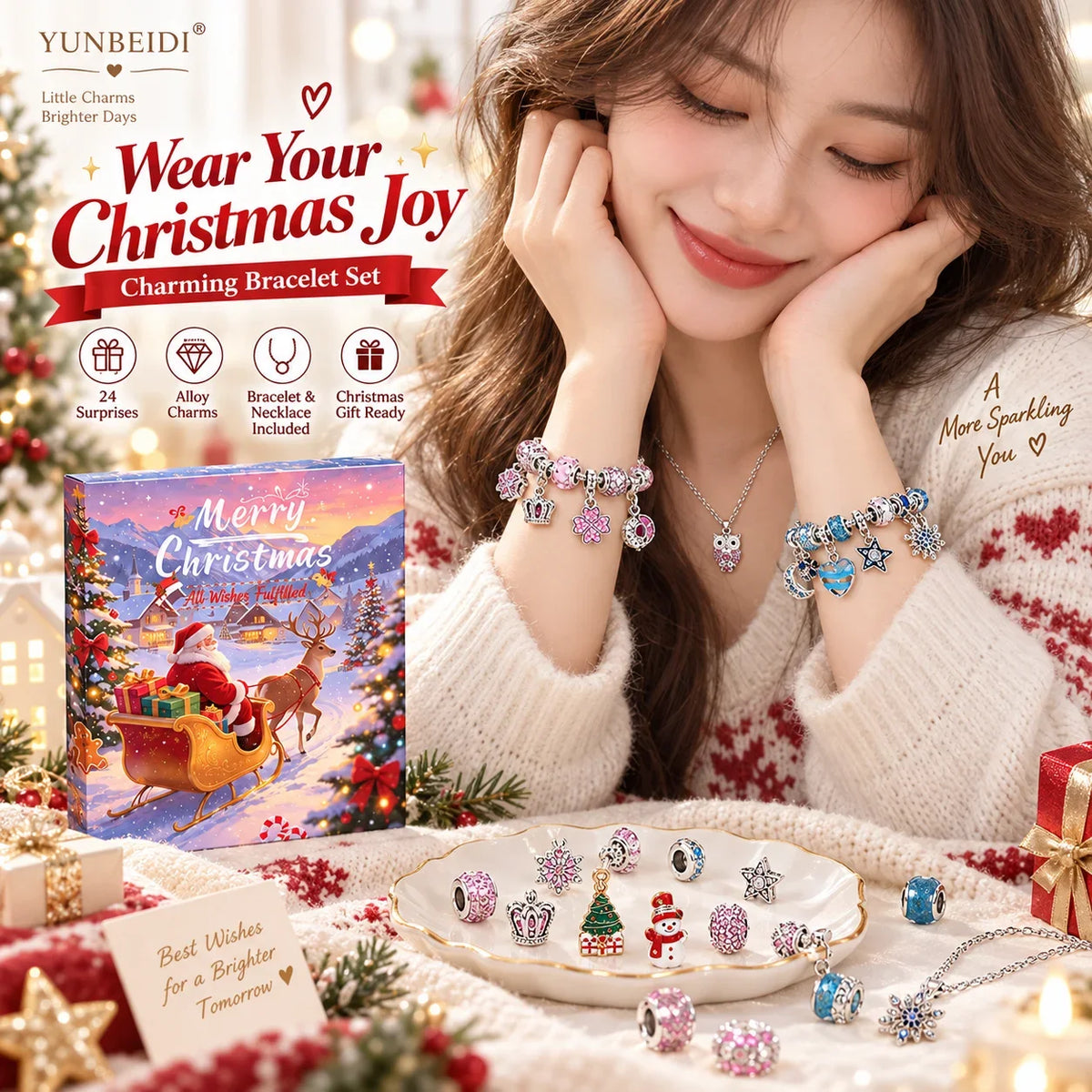 Julkalender berlockarmband i metall med 24 dagar set