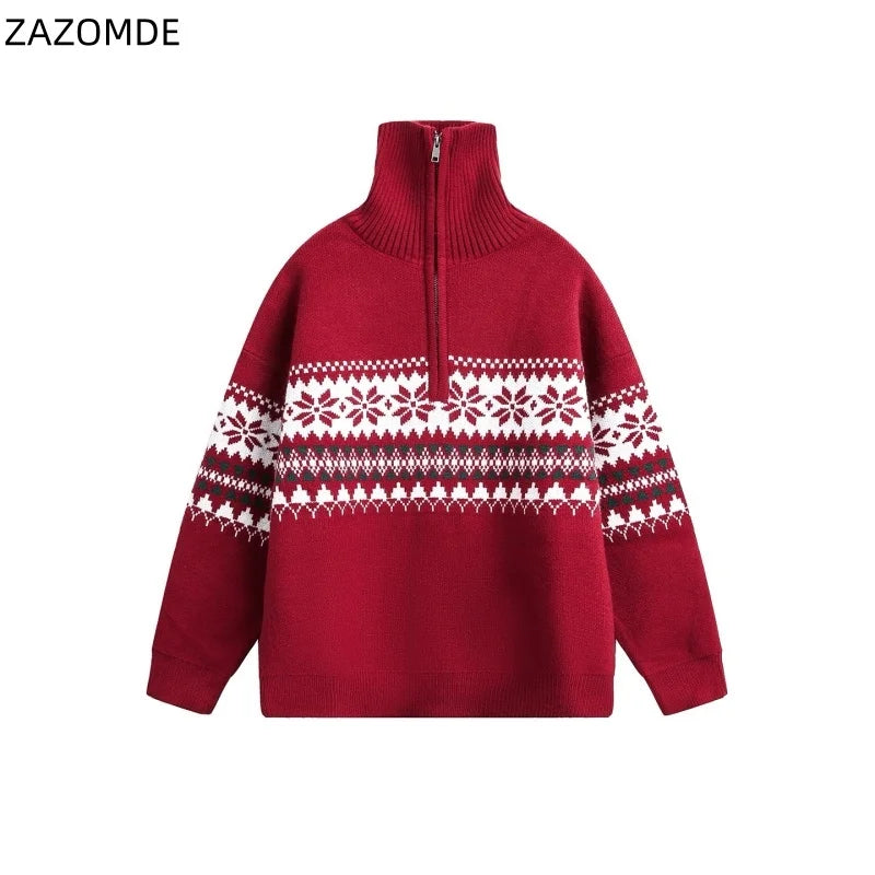 Herr stickad polotröja med geometriskt mönster, långärmad och varm för höst och vinter