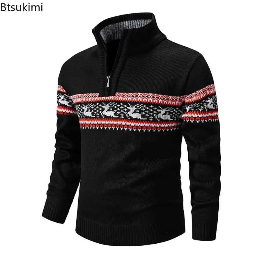 Herrtröja stickad jacquard med halv dragkedja och mockkrage