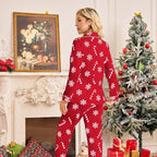 Julpyjamas dam tvådelad set långärmad med snöflingemönster och omlagd krage