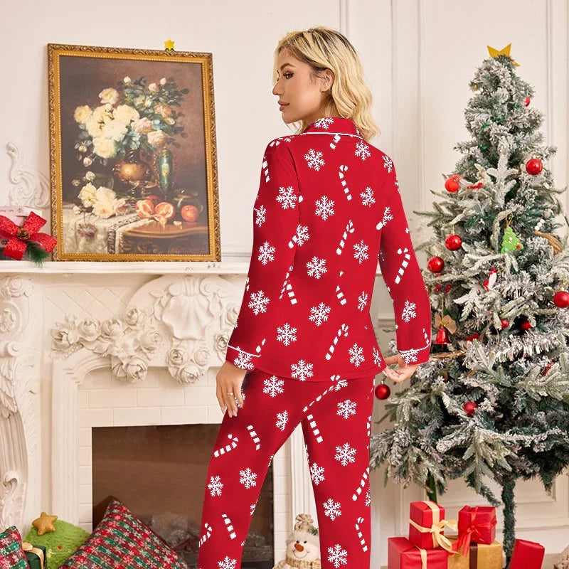 Julpyjamas dam tvådelad set långärmad med snöflingemönster och omlagd krage