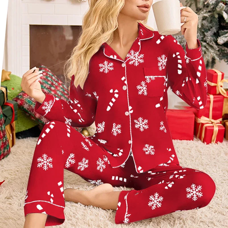 Julpyjamas dam tvådelad set långärmad med snöflingemönster och omlagd krage