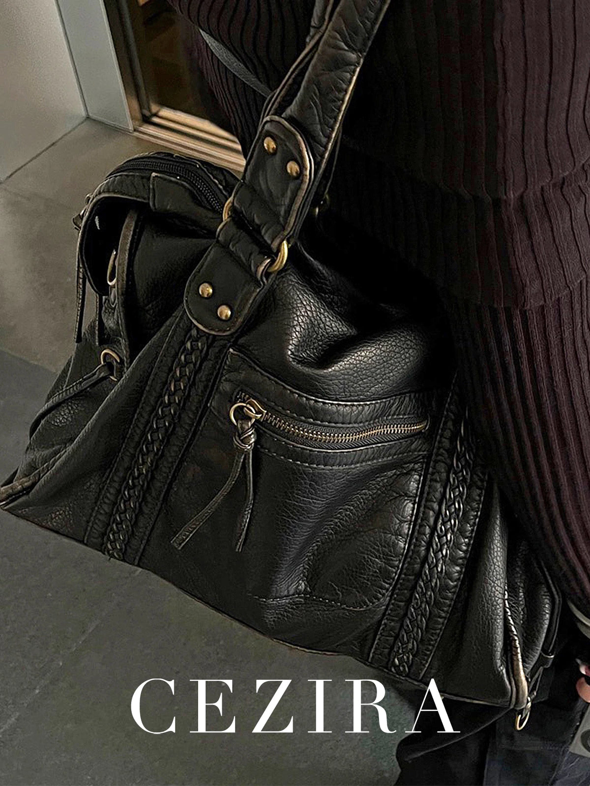Crossbody väska dam med stor kapacitet, vintage tote och dragkedja med axelrem