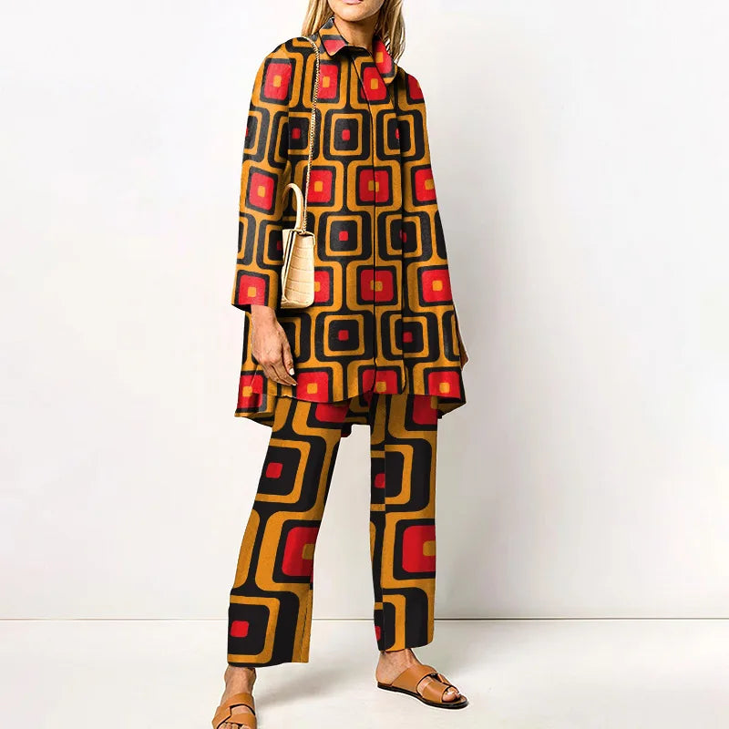 Blus dam vintage tvådelat set med mönstrad blus och byxor