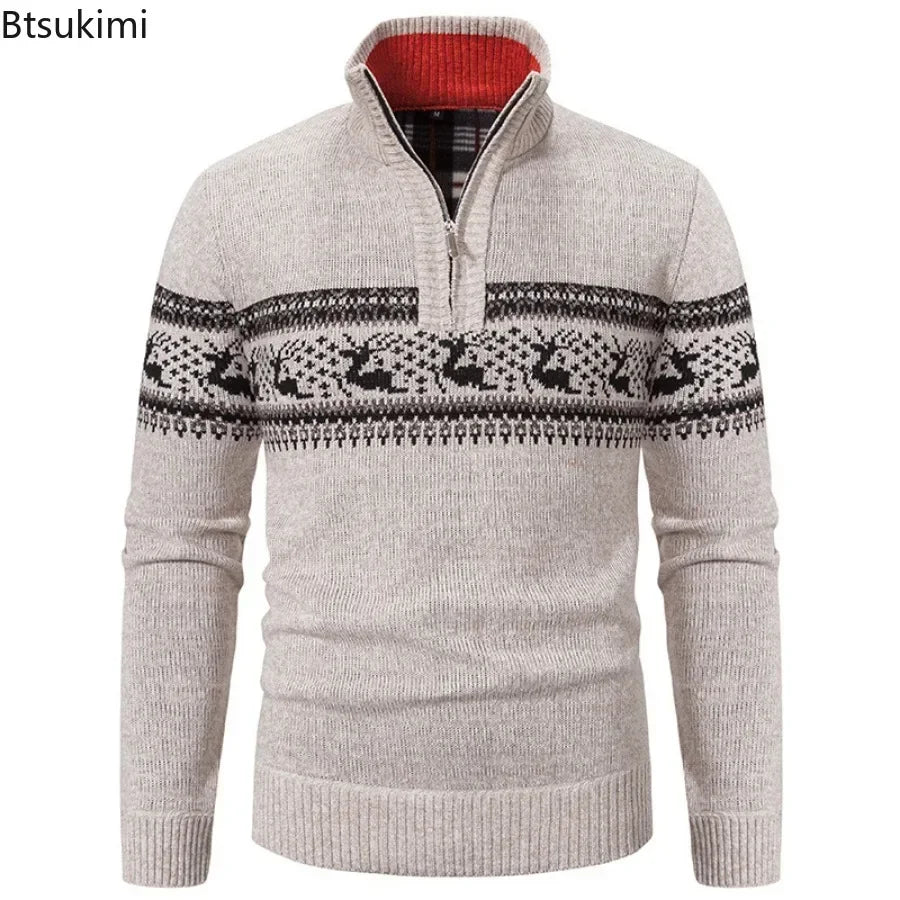 Herrtröja stickad jacquard med halv dragkedja och mockkrage
