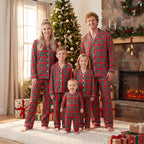 Julpyjamas dam rödrutig familjematchande set med knappskjorta och byxor