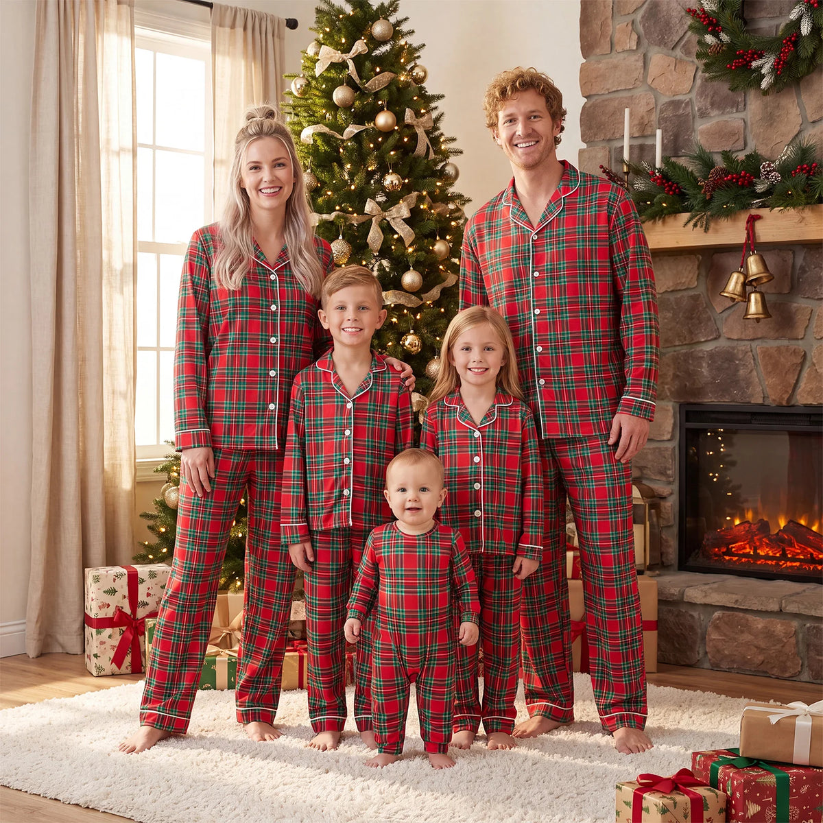 Julpyjamas dam rödrutig familjematchande set med knappskjorta och byxor