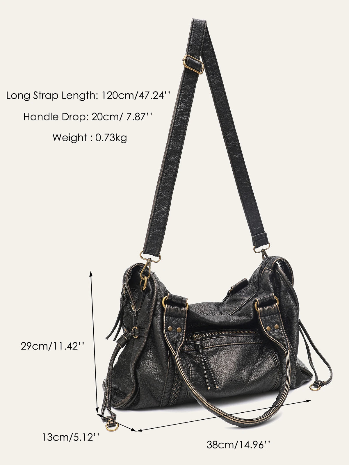 Crossbody väska dam med stor kapacitet, vintage tote och dragkedja med axelrem