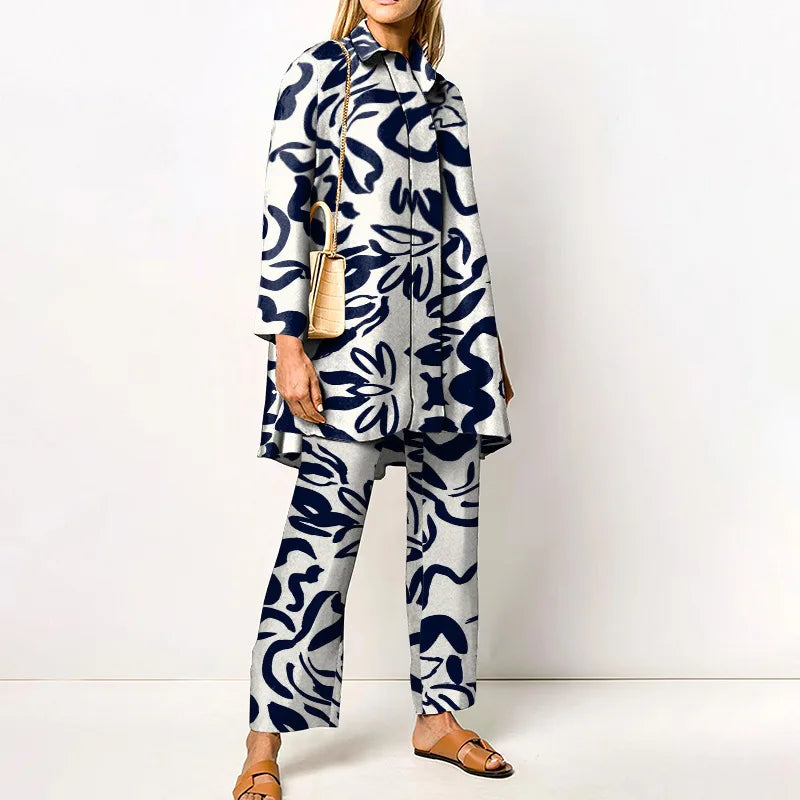 Blus dam vintage tvådelat set med mönstrad blus och byxor