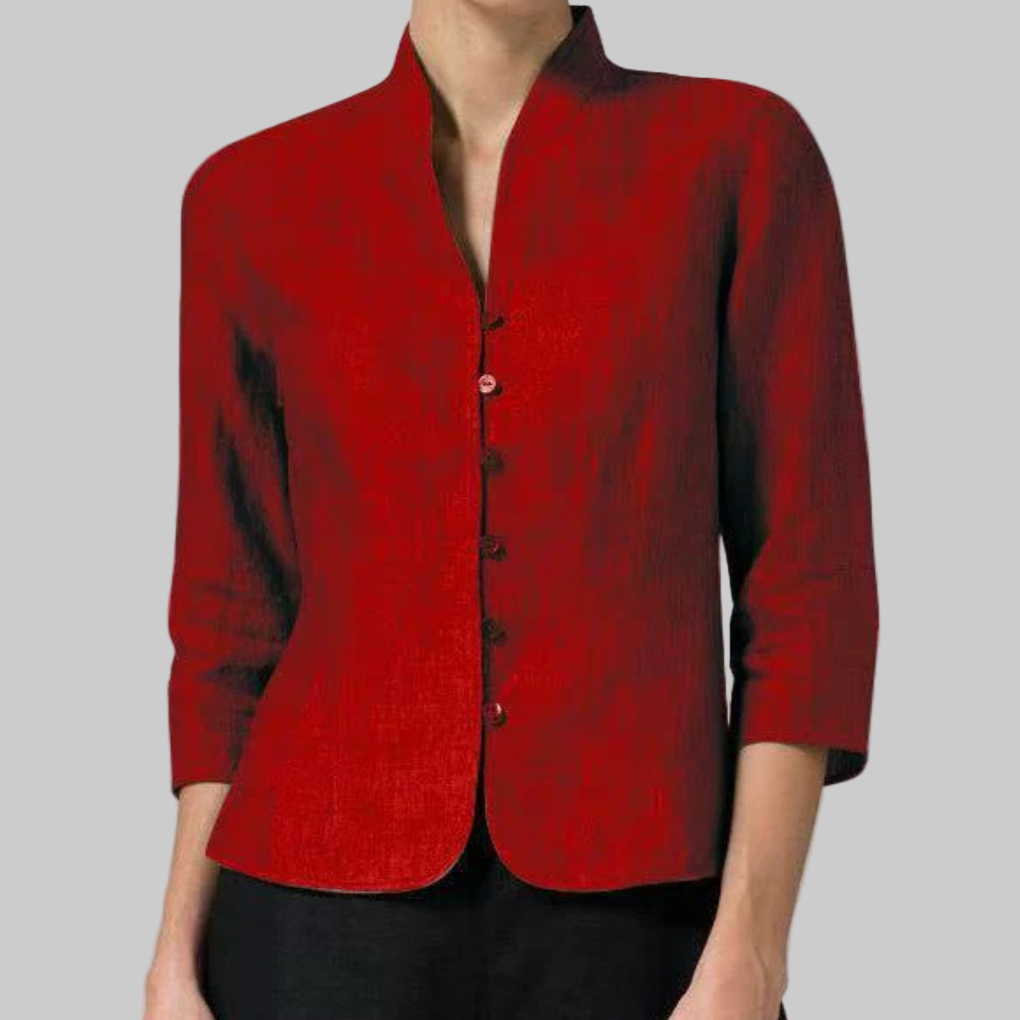 Blus dam med ståkrage, knäppt framsida och trekvartsärm i chambray-look