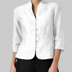 Blus dam med ståkrage, knäppt framsida och trekvartsärm i chambray-look