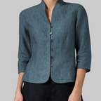 Blus dam med ståkrage, knäppt framsida och trekvartsärm i chambray-look