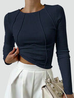 Blus dam ribbstickad långärmad crop top med tajt passform