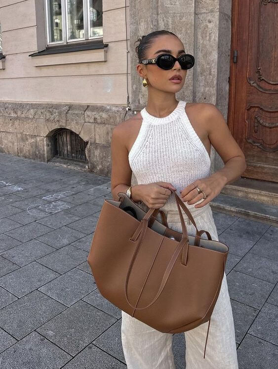 Läderväska dam vintage stor shoppingväska i spaltläder med rymligt huvudfack