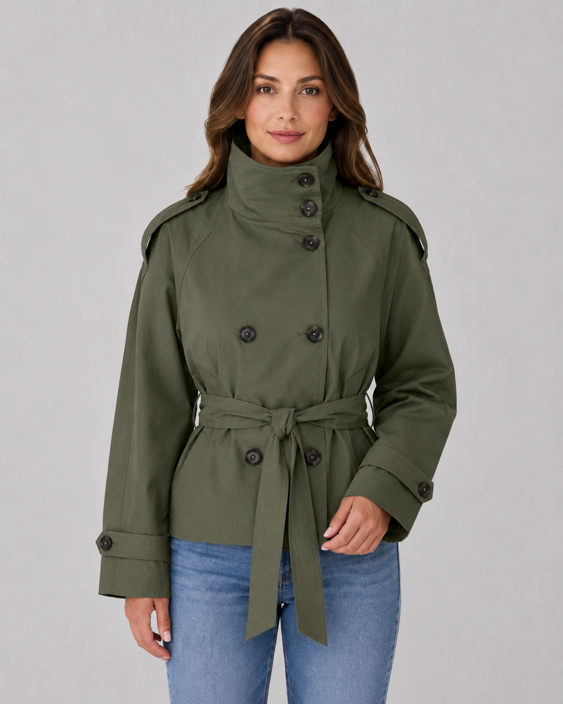 Trenchcoat dam kort med stående krage och bindebälte