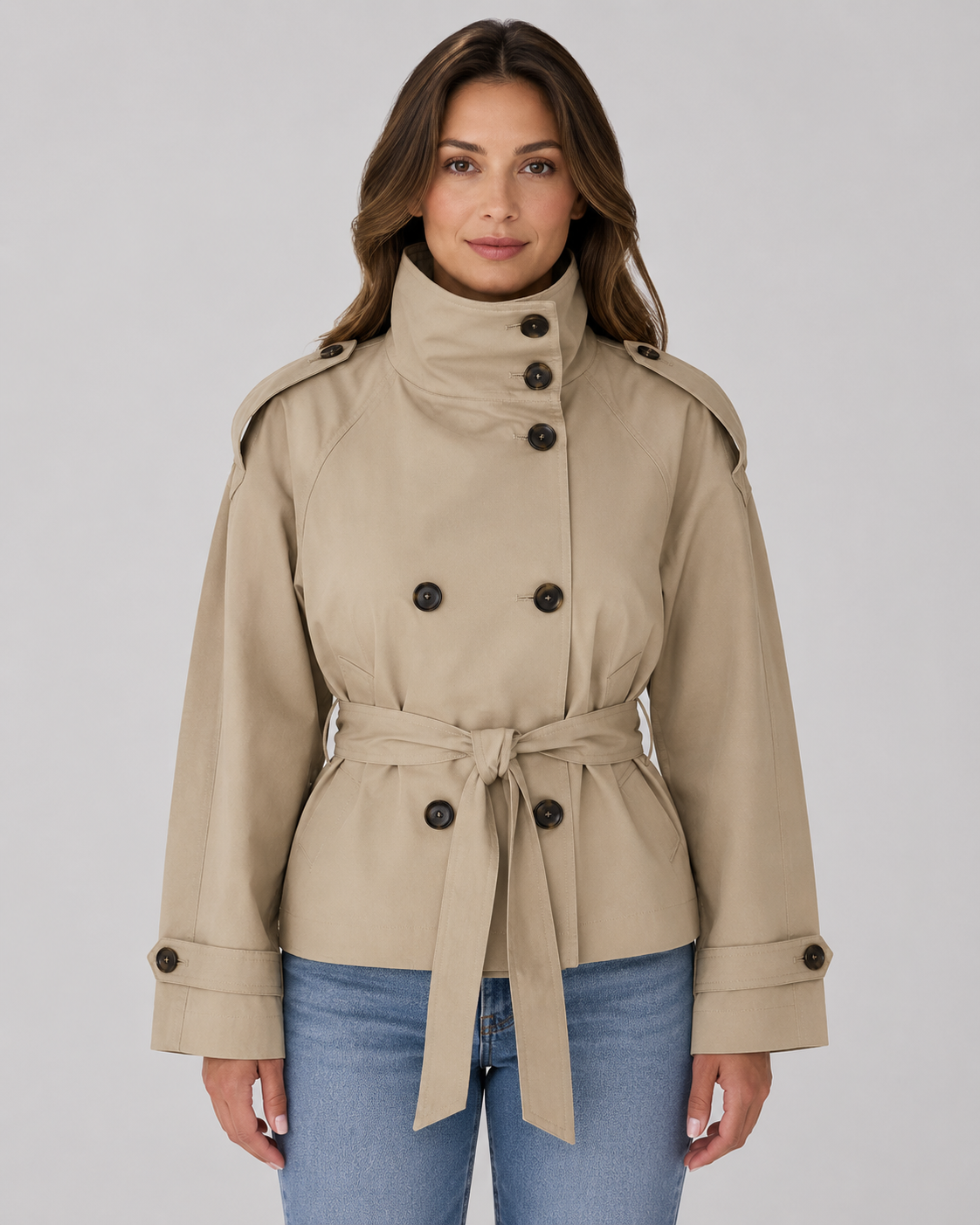Trenchcoat dam kort med stående krage och bindebälte