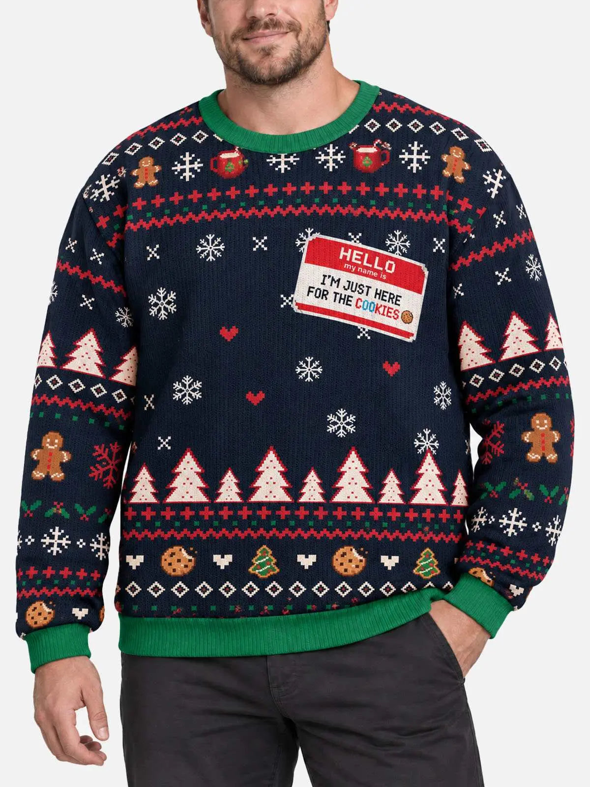 Jultröja dam marinblå rolig julsweater med pepparkaksgubbar och snöflingor