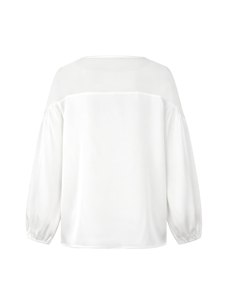 Blus dam med puffärmar, blommönster applikation och mesh-detalj